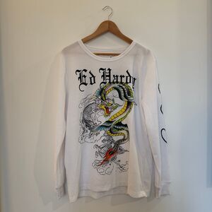 Ed Hardy Dragon Thermal Shirt M White Waffle Knit Y2K Tattoo Graphic